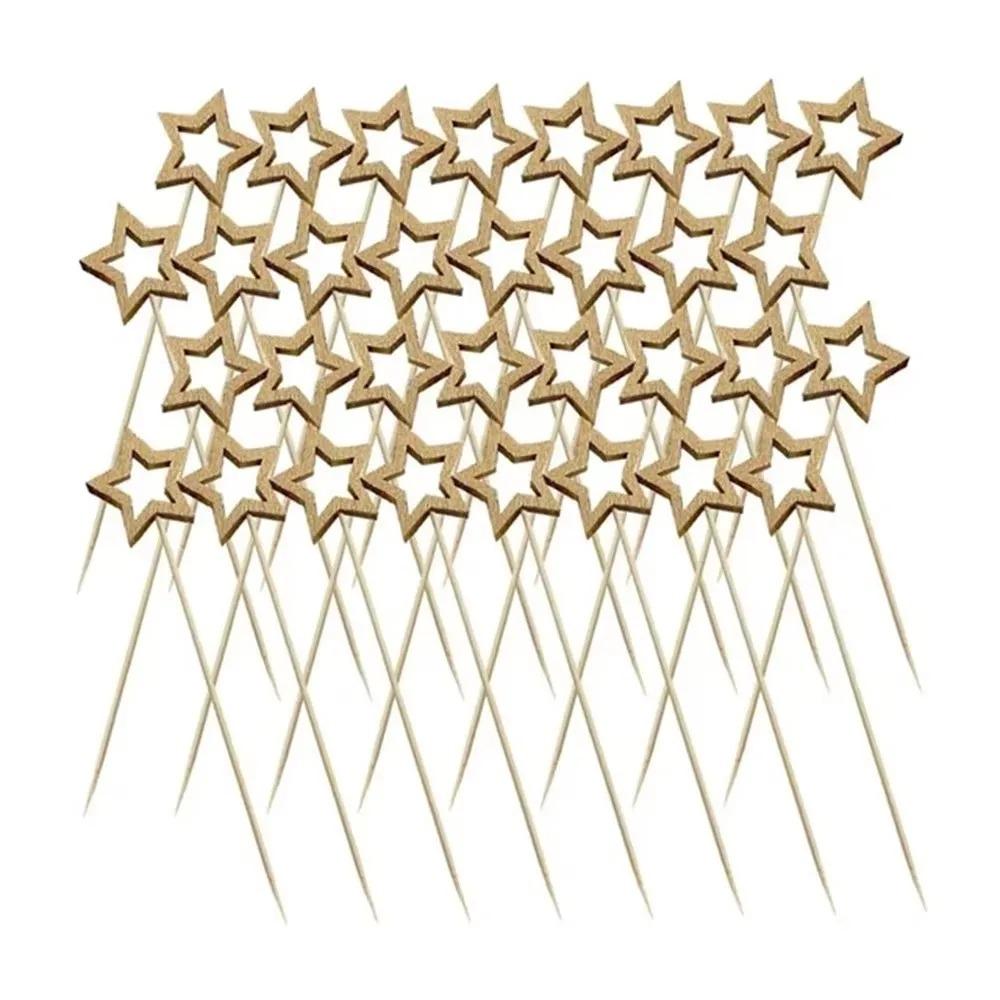 50pcs Golden Silver Hollow Star Bamboo Skewers Buffet Fruit Food Picks Cocktail Sticks Christmas Party Birthday Wedding Decor