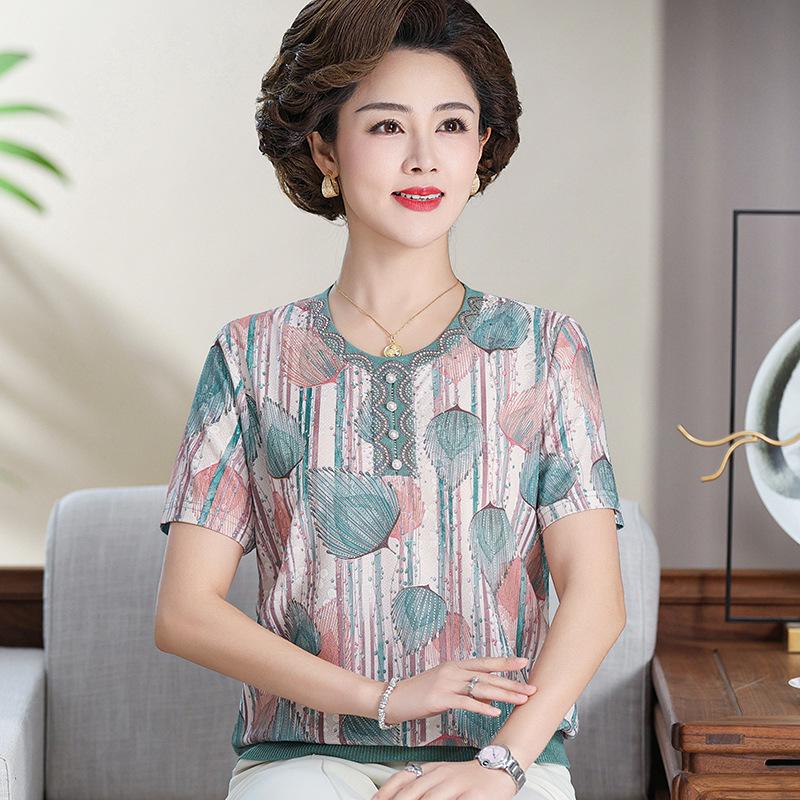 

Summer Ice Silk Knit T-Shirt for Middle-Aged/Elderly Women – Plus Size, Round Neck, Short Sleeve 3XL (recommended 120-135 lbs) зелёный