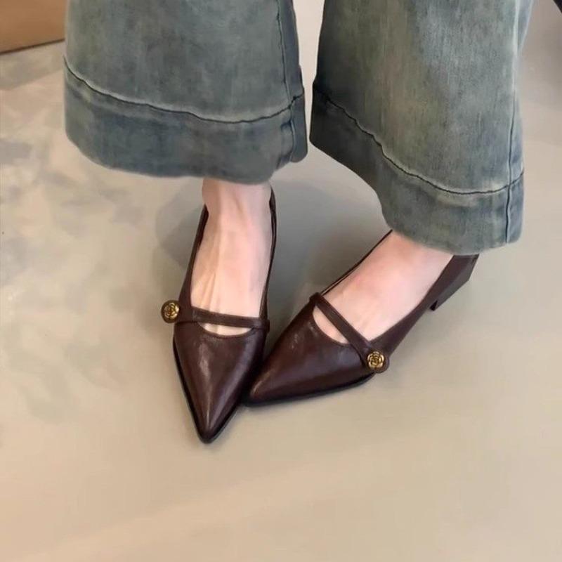 Vintage Low-heeled Women's Shoes Spring/Summer New Style Fashionable Golden Buckle Pointed-toe Comfortable Small  Shoes