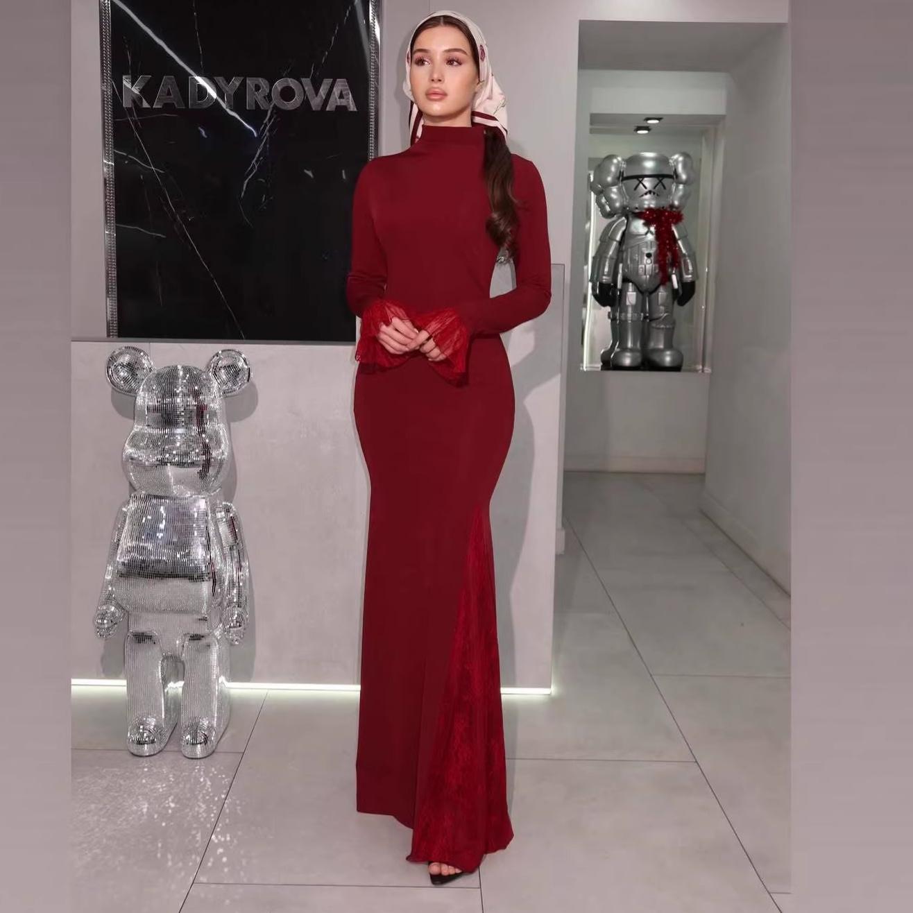 2026 Cross-border foreign trade women s long dress Amazon foreign trade semi-turtleneck long-sleeved tight hip-wrapped straight dress XS бордовый