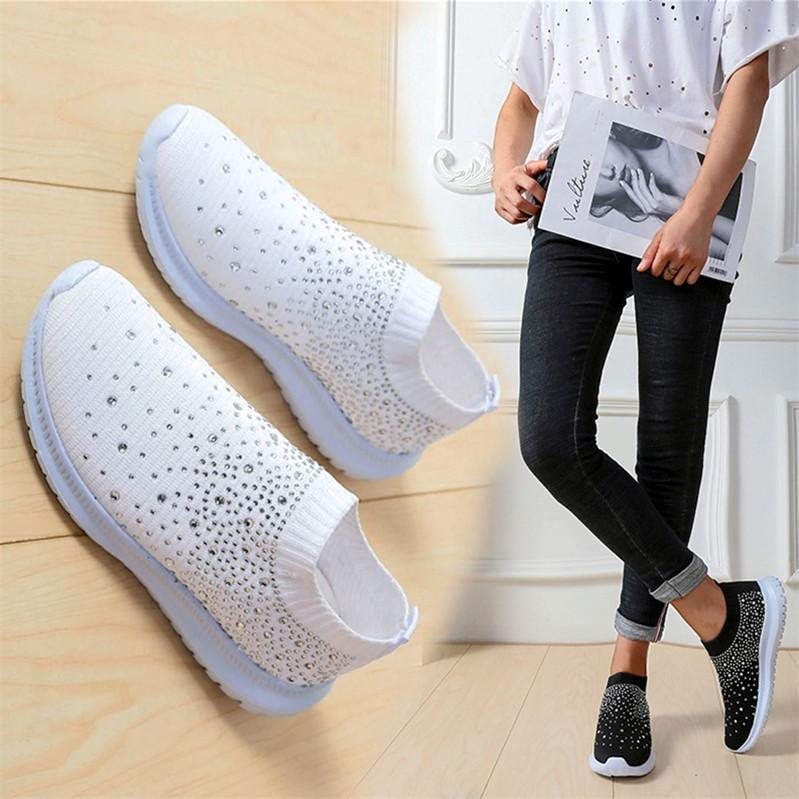 Large size fly-woven sports shoes women's new fashion rhinestone flat-bottom mesh sports and leisure shoes