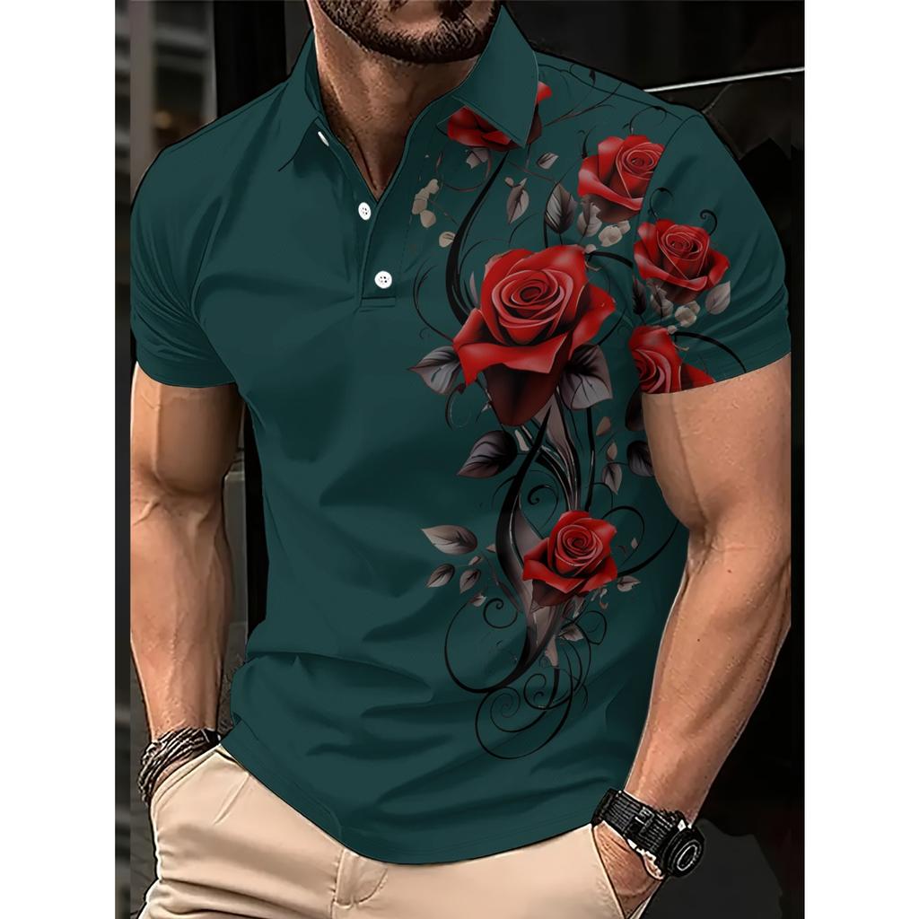 2026 Summer Men's Polo Shirt with Rose Flower Print Breathable Lightweight Casual and Fashionable Men's Clothing