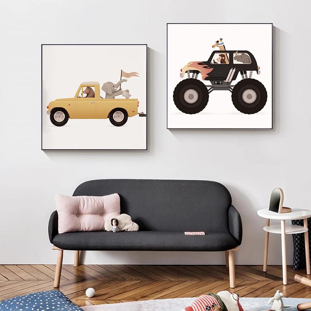 Animals On A Truck Funny Animals Art Nursery Cars Elephant Children Kid Room Decor Canvas Painting Room Home Square Poster Print
