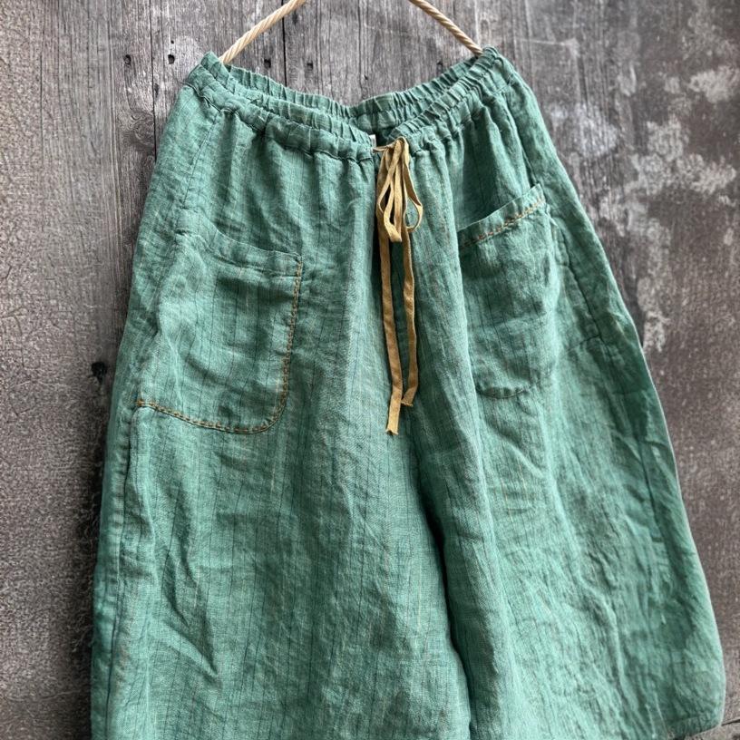 Johnature Women Vintage Striped Wide Leg Pants Patchwork Pockets Elastic Waist Trousers Autumn Loose Belt Pants