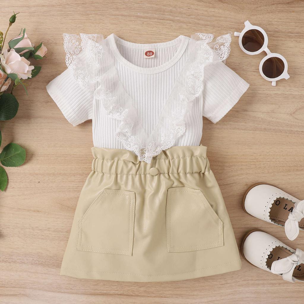 Girls' Fashion Set Spring and Summer Children's Casual Lace Short-sleeved and Leather Short Skirt Two-piece Set