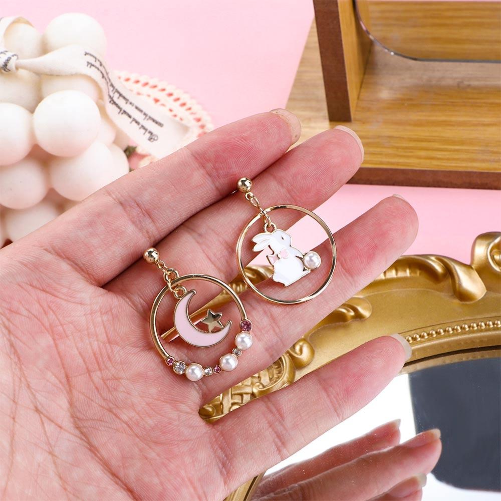 Personality Sweet Moon Girl Pink Asymmetric Earrings Anti Allergy Rabbit Drop Earrings Enamel
