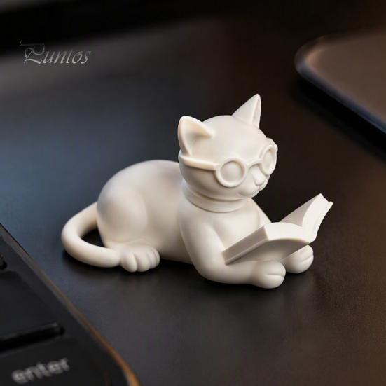 Desktop Ornaments for Office 3D Printed Reading Cat Figurine, Decorative Statue with Eyeglasses, Sculpture Creative Animal Ornament Home Bookshelf