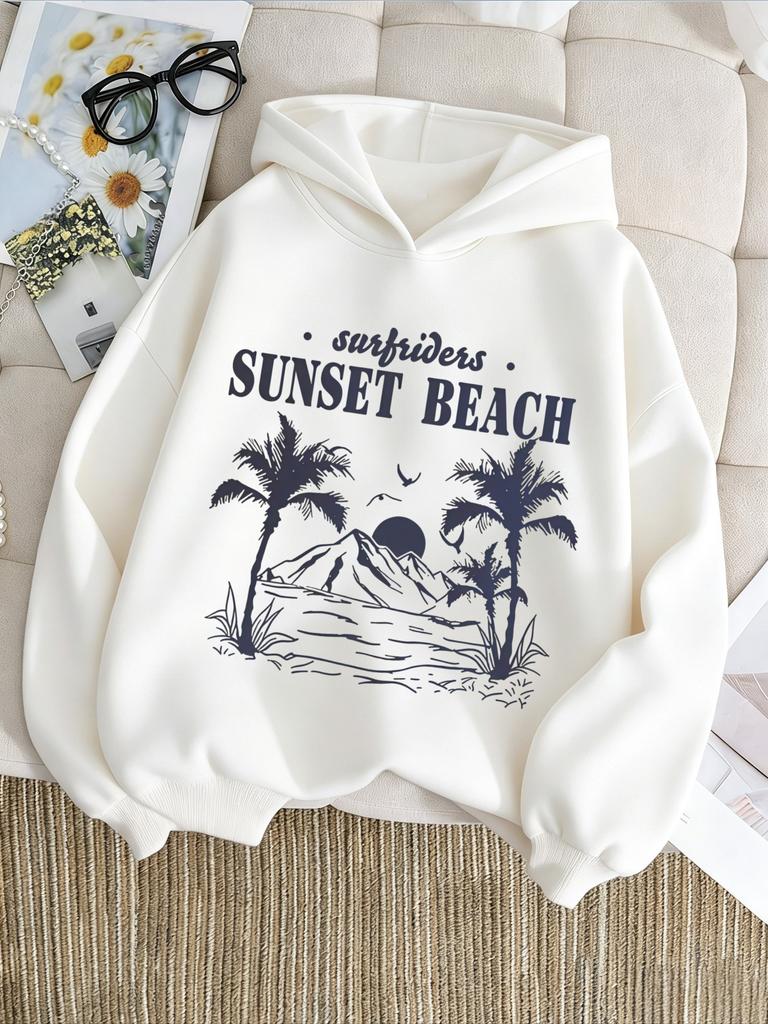 Latest American Retro Beach Sunset Print Children's Hooded Sweatshirt - Boys' and Girls' Loose Fitted Pullover Sweater