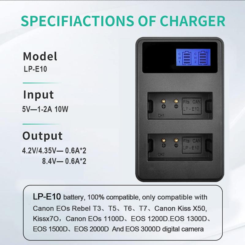 LP-E10 Dual-slot Camera Battery Charger Suitable for Canon EOsRebel T3,T5,T6,T7,EOS 1200D,EOS 1300D,EOS 2000D, EOS3000D Etc.