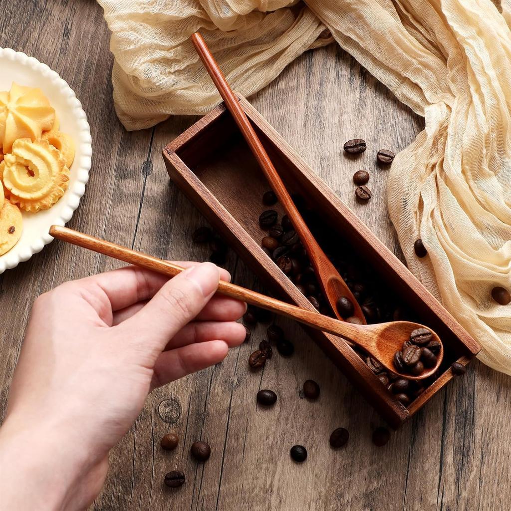 4 Pcs Small Wooden Spoon, Wooden Coffee Spoon, Long Handle Wooden Ice Tea Spoon, Handmade Wooden Mixing Honey Spoon for Team Jam Dessert Honey