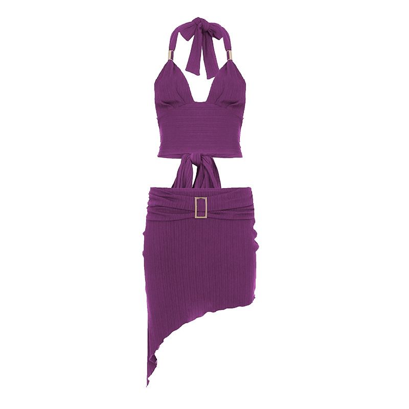 

Outfitgirl Purple Sexy Halterneck Backless Underwaist Sheath Skirt Two-piece Set Bar Nightclub Suit Women Purple S