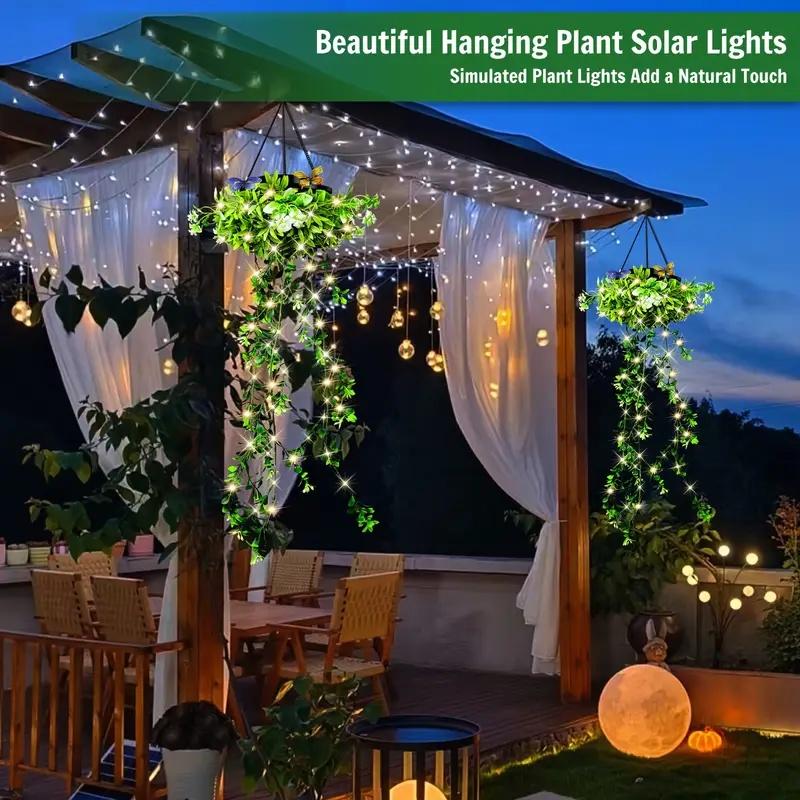 2pcs Solar Hanging Garden Lights, With LED Butterfly Hanging Ivy Vine Fake Leaves Decor IP65 Waterproof for Garden Wedding Decor