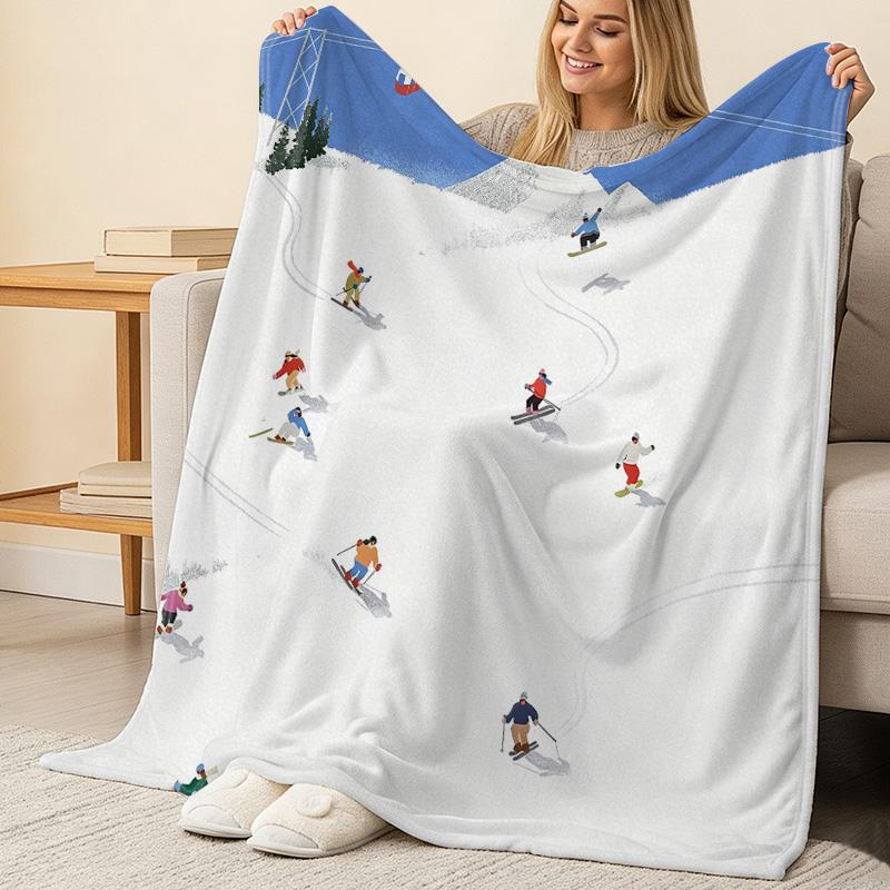Ski Theme Flannel Throw Blanket Soft & Warm, Machine Washable, Ideal for Home, Picnic, Office Nap, Christmas & Halloween