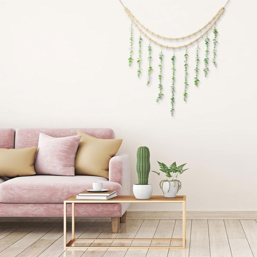 Hanging Photo Display Holder Wall Decor Wooden Bead Garland Realistic Eucalyptus Leaf Photo Display 