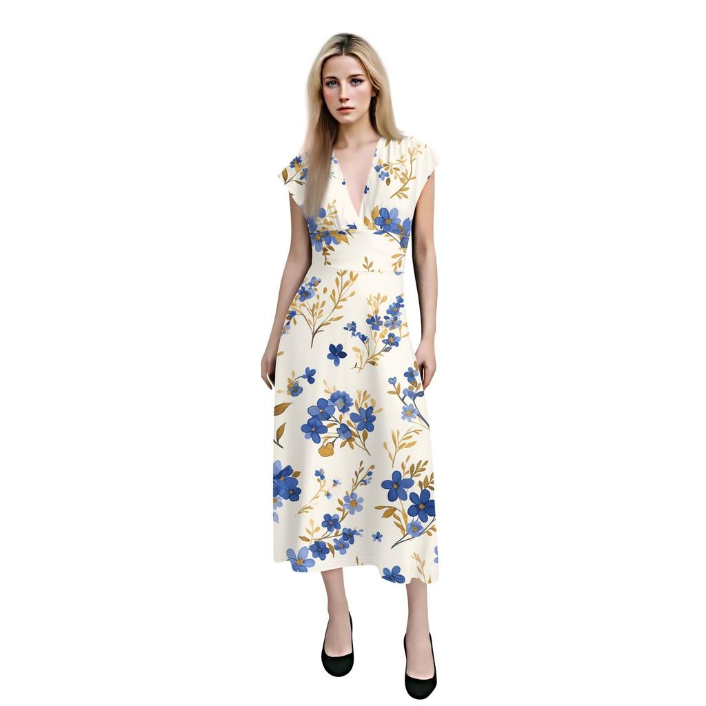 Women's Long Casual Dress Summer Short-Sleeve V-Neck Waist Retraction Printed Dress