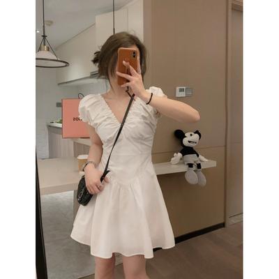 Klänning med puffärmar och V-ringning Dam Sommar Fransk Söt och Kryddig Midja Tyllkjol Kortärmad Klänning