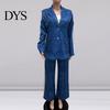 Women Coat Pants Suit 2 Pcs/Set Lady Formal Set Turn-down Collar Single-breasted Long Sleeves Button Decor Trousers Jacket Loose Striped Wide