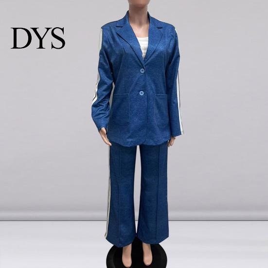 Women Coat Pants Suit 2 Pcs/Set Lady Formal Set Turn-down Collar Single-breasted Long Sleeves Button Decor Trousers Jacket Loose Striped Wide