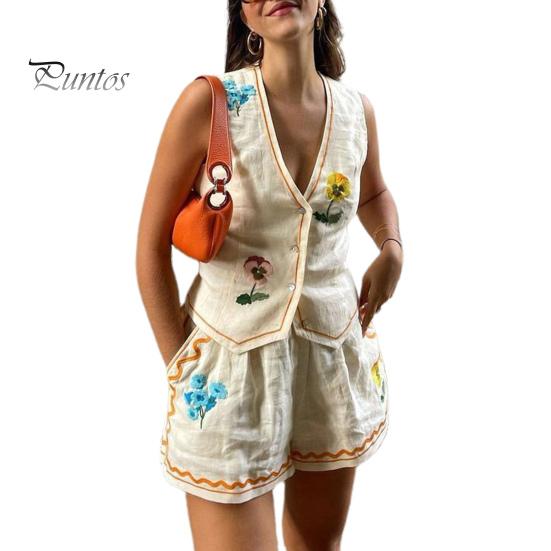 Set 2 Pezzi/Set Gilet da Donna Pantaloncini Set Ricamo Floreale Monopetto Senza Maniche Scollo a V Top Tasche Laterali Set Pantaloni Ampi Abbigliamento Casual Vacanza Resort Top