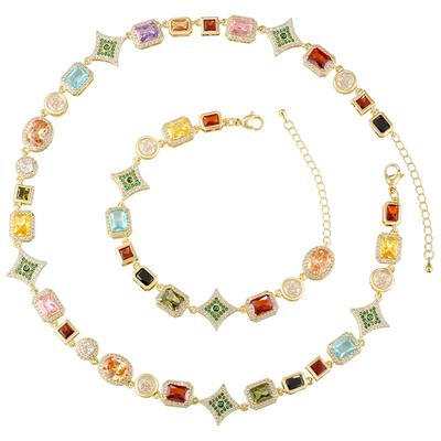 Medieval Vintage Copper Inlaid With Colored Diamonds Square Bracelet Necklace Temperament Light Luxury Geometric Splicing Set Vl641-642
