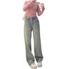 Women's Autumn & Winter High-Waisted Vintage Distressed Wide-Leg Jeans, Yellow-Mud Color, Plus Velvet Thickening, Loose & Warm Long Pants.