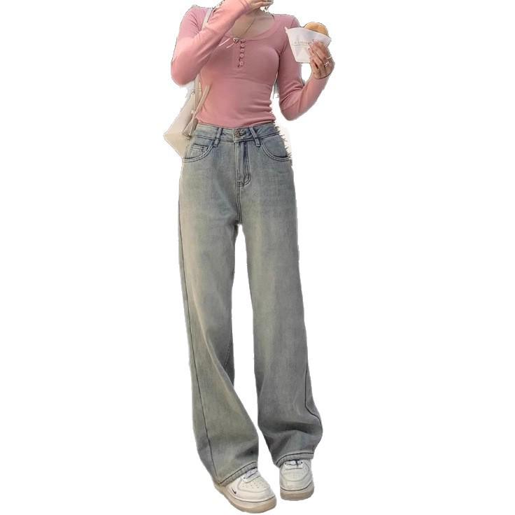Women's Autumn & Winter High-Waisted Vintage Distressed Wide-Leg Jeans, Yellow-Mud Color, Plus Velvet Thickening, Loose & Warm Long Pants.