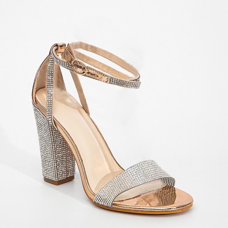 Women Black Rhinestone Thick High Heels Straight Buckle Strap Sexy Sandals Fashion Party Wedding Shoes Comfortable