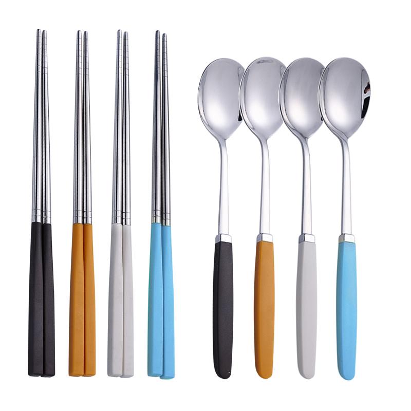 8Pcs Korean Dishware Collection Premium Silverware Collection 304 Stainless-steel Meal Collection Colors Spoon Dinnerware Spoon Chopsticks Silverware