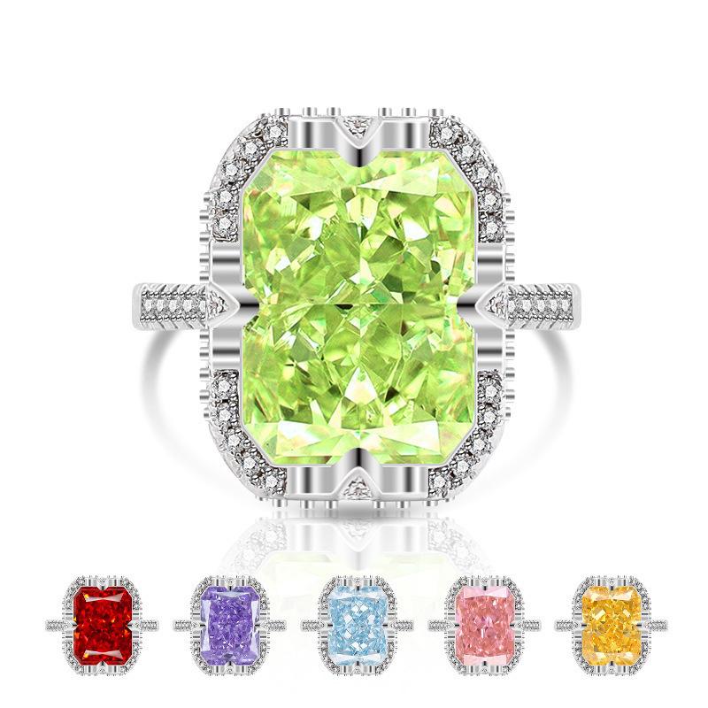 2026 Colored Treasure Ice Flower Cut Zircon Ring, European and American Fashion Luxury Inlaid Flash High Carbon Diamond Ring