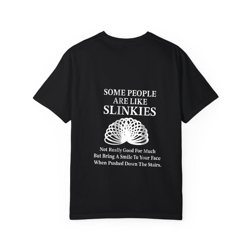 White T Shirt with Slinkies Graphic and Text for Casual Wear