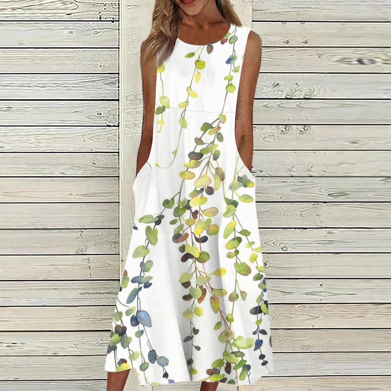 

Жен. Повседневные платья с принтом Круглый вырез Классический Классический На открытом воздухе Повседневные Без рукавов Свободные платья XL зелёный