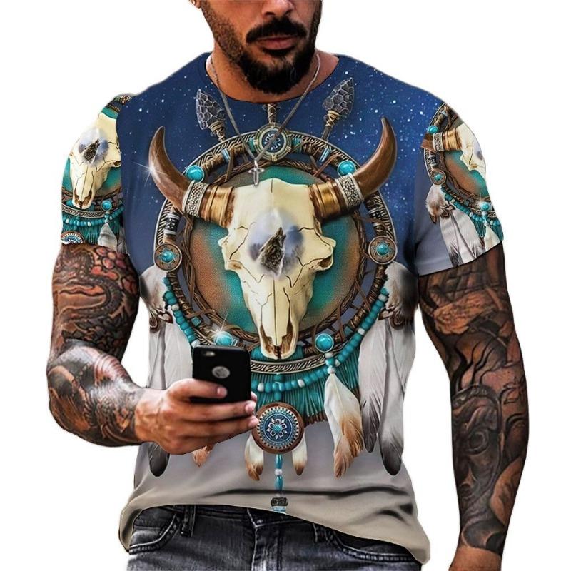 Men s Shirt Casual Harajuku T-shirt Animal Summer Retro Indian Print Men s Street Crew Neck Short Sleeve Design Large XXS
