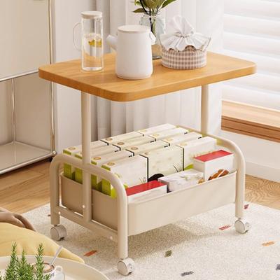 Rolling Double Layer Side Table with Storage Shelf Living Room Bedroom Sofa Couch Bedside Coffee Tea Table Desk Cart with Lockable Wheels