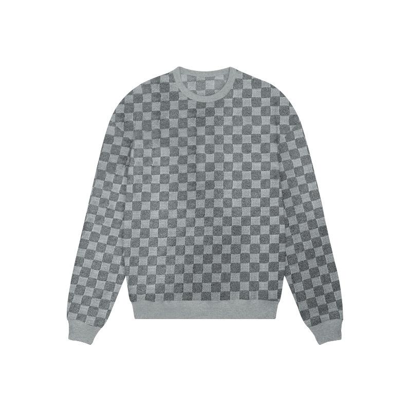 Men's Autumn and Winter Heavy Jacquard Checkerboard Checkerboard T-shirt Men's T-shirt Round Neck Casual Bottoming Shirt Knitted Long-sleeved T-shirt