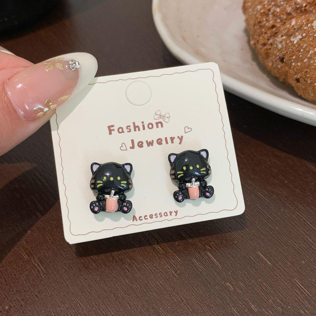 Adorable Black Kitten Stud Earrings: Silver Needle, Cute Tail Design for Women