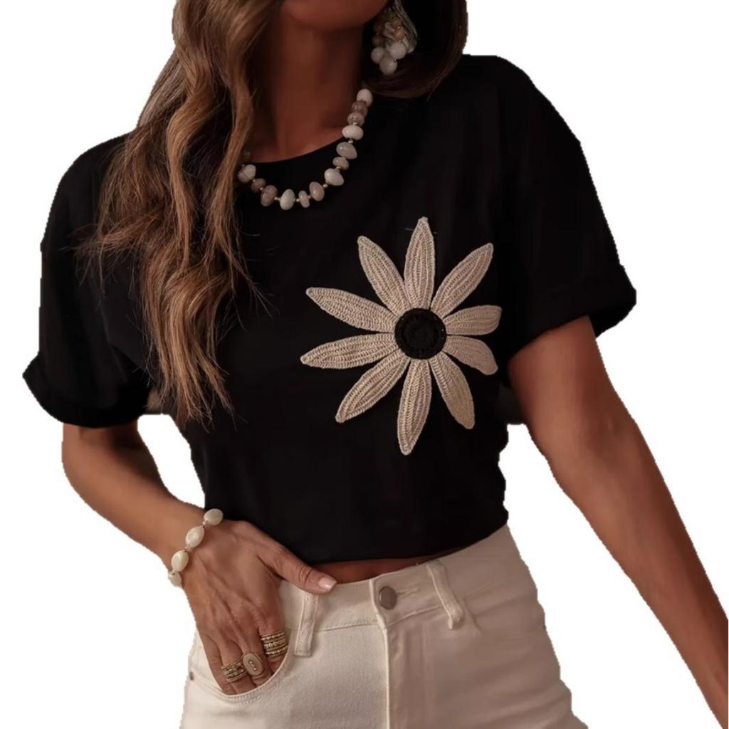 Women's 3D Embroidered Short Sleeve Crew Neck T-Shirt - Lightweight Soft Breathable, Slim Fit Casual Summer Top for European American Crossbody