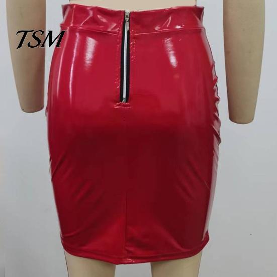 High Waist Skirt Women Club Faux Leather Skinny Sheath Zipper Closure Solid Slimming Color Glossy Surface Slim Fit Knee Length Lady Party Dating