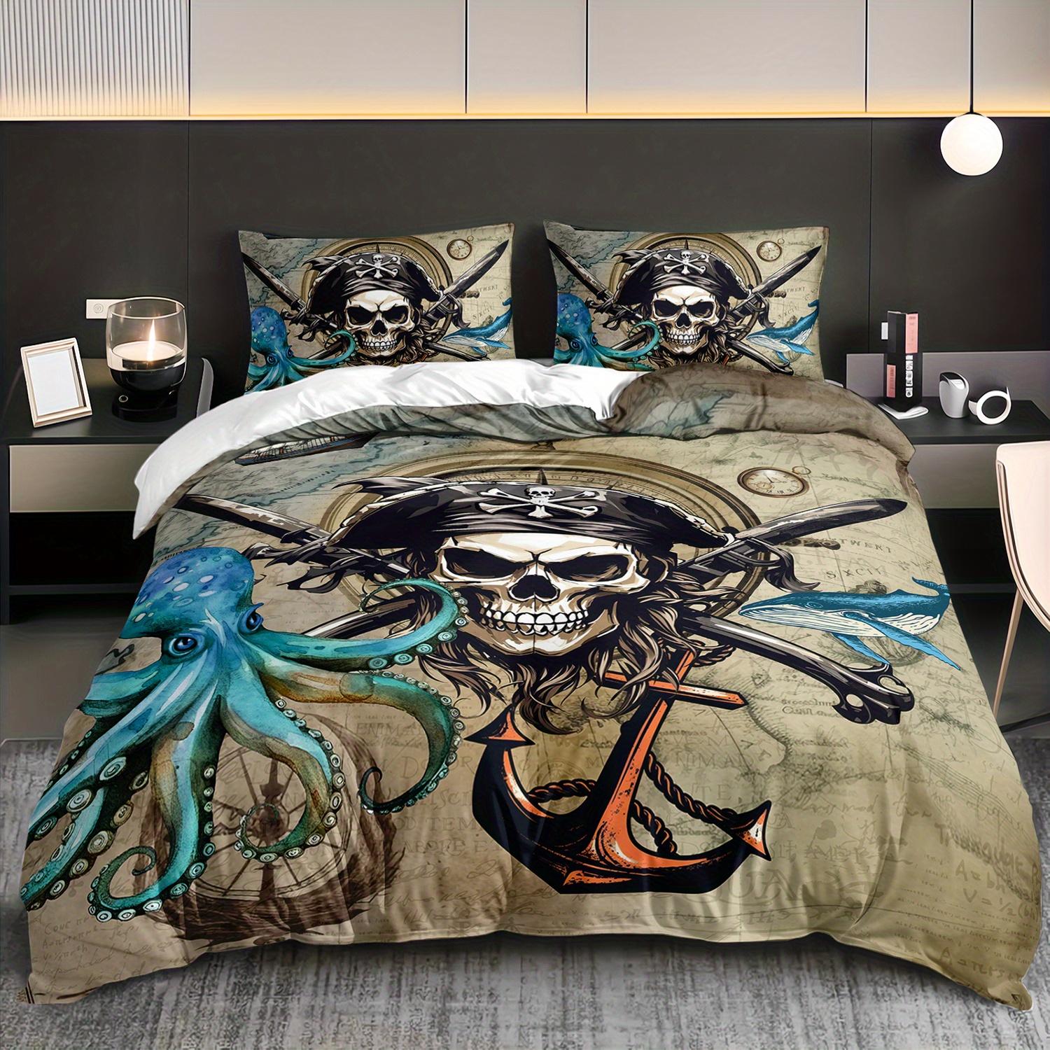

3pcs Vintage Pirate Skull Octopus Ocean Bedding Duvet Cover Set Pirate Ship Bedding Quilt Set Nautical Themed Bed Set Ocean Life (135x200cm)