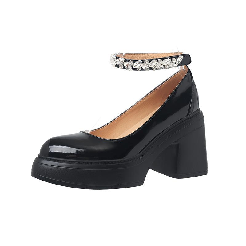 

10CM ultra-high heel waterproof table Mary Jane shoes 2025 spring new shallow mouth thick sole thick heel cross buckle single shoes 40