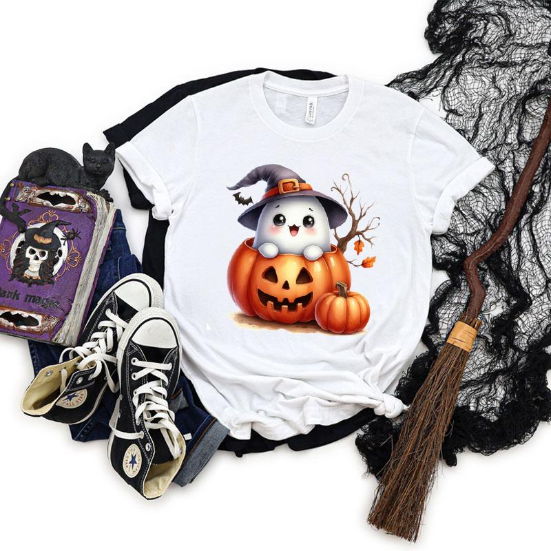 Funny Halloween Short Sleeve Tshirt Women Pumpkin Ghost Graphic Tee Cute Ghost Gift Shirt Retro Halloween Horror Classic Tops S