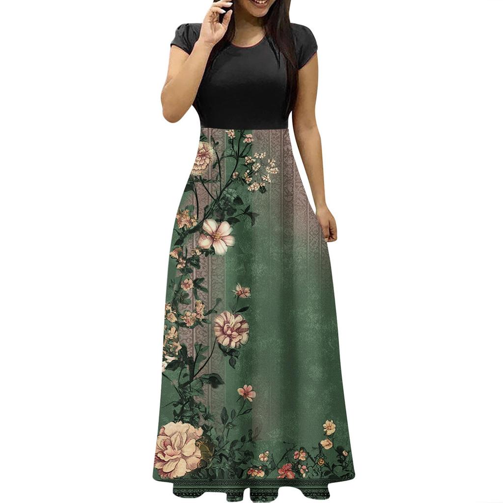 Women's Fashion Casual Loose Printed Round Neck Short Sleeve Long Dresses Short Sleeve Long Dresses