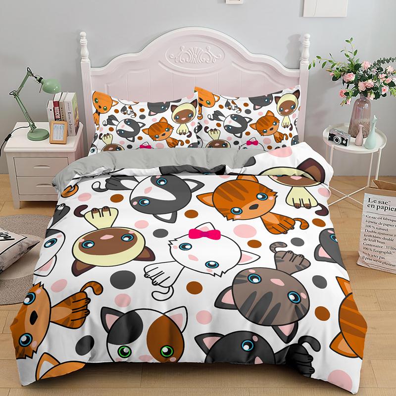 Cartoon Bedding Set Cute Cats Printed 3D Duvet Cover Set Twin Full Queen King Double Size Pillowcase Bedclothes 2/3pcs for Kids