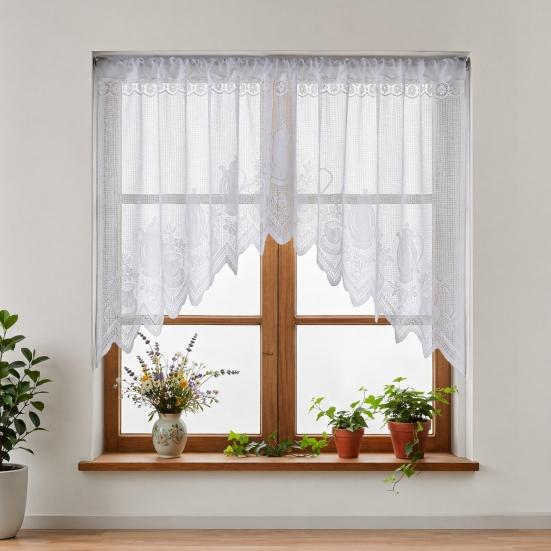 Perdea Semi-dantelată, Structură de Ridicare Reglabilă, Perdea Transparentă cu Broderie Florală, Plasa de Protecție Anti-praf, Perdea de Cafea