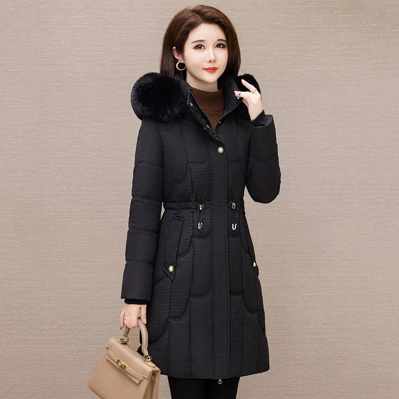

Женское зимнее пальто Корейская плотная пуховая хлопковая куртка Теплая парка с капюшоном Пальто Женское Однотонное Повседневное Пальто средней длины Верхняя одежда M чёрный