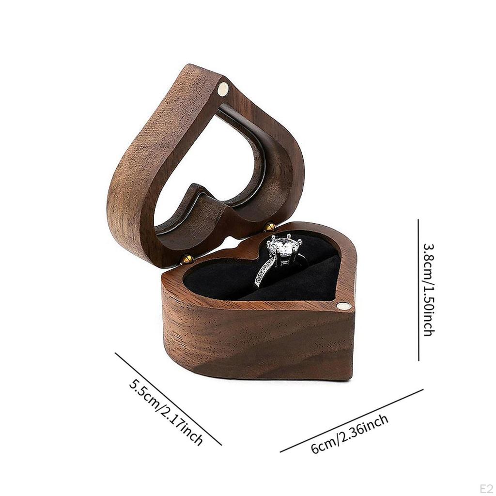 Wooden Ring Box Heart Shaped Elegant Small Engagement Jewelry Case for Valentines Ceremony