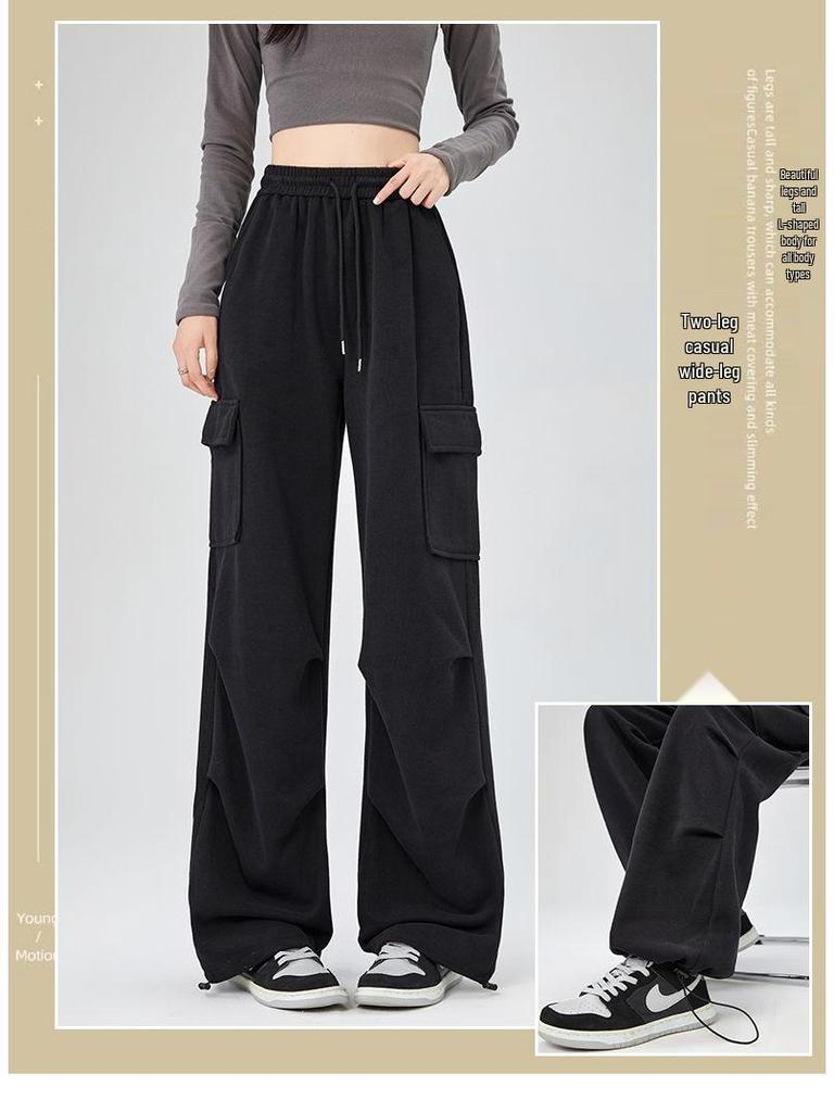 Women's Light Grey High-Waisted Strappy Overalls - Spring/Autumn Wide-Leg Pants with Large Pockets, Casual Sportswear