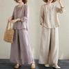 Women Linen Cotton Two Piece Outfit, Embroidered 3/4 Sleeve Top And Wide Leg Pants Set For Casual Daily Wear