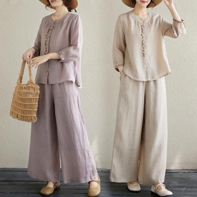 Women Linen Cotton Two Piece Outfit, Embroidered 3/4 Sleeve Top And Wide Leg Pants Set For Casual Daily Wear