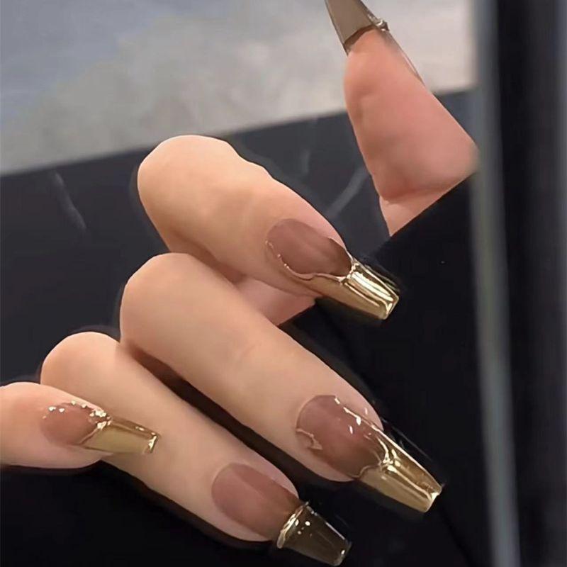 

Handmade Wear Tea Brown Fall and Winter Nail Patch Nail Stickers Finished Wearable Nail Sticker N22-cold extracted tea Brown-XS-new trapezoid