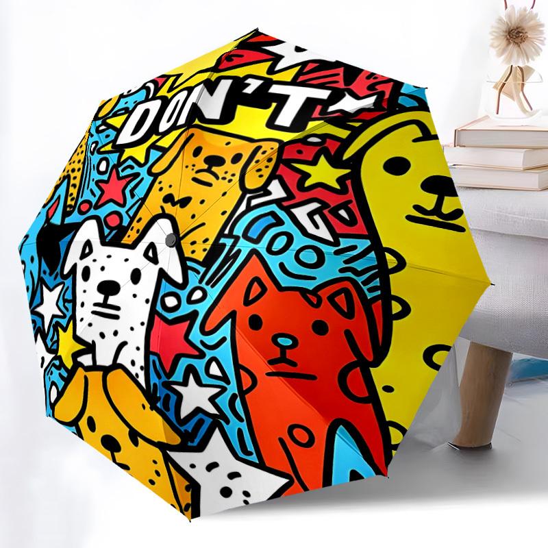 1pc Dogs Cartoon Drawing Fashionable Auto Opening/Closing Folding Umbrella with 8 Bones, Windproof Portable, Daily Use319